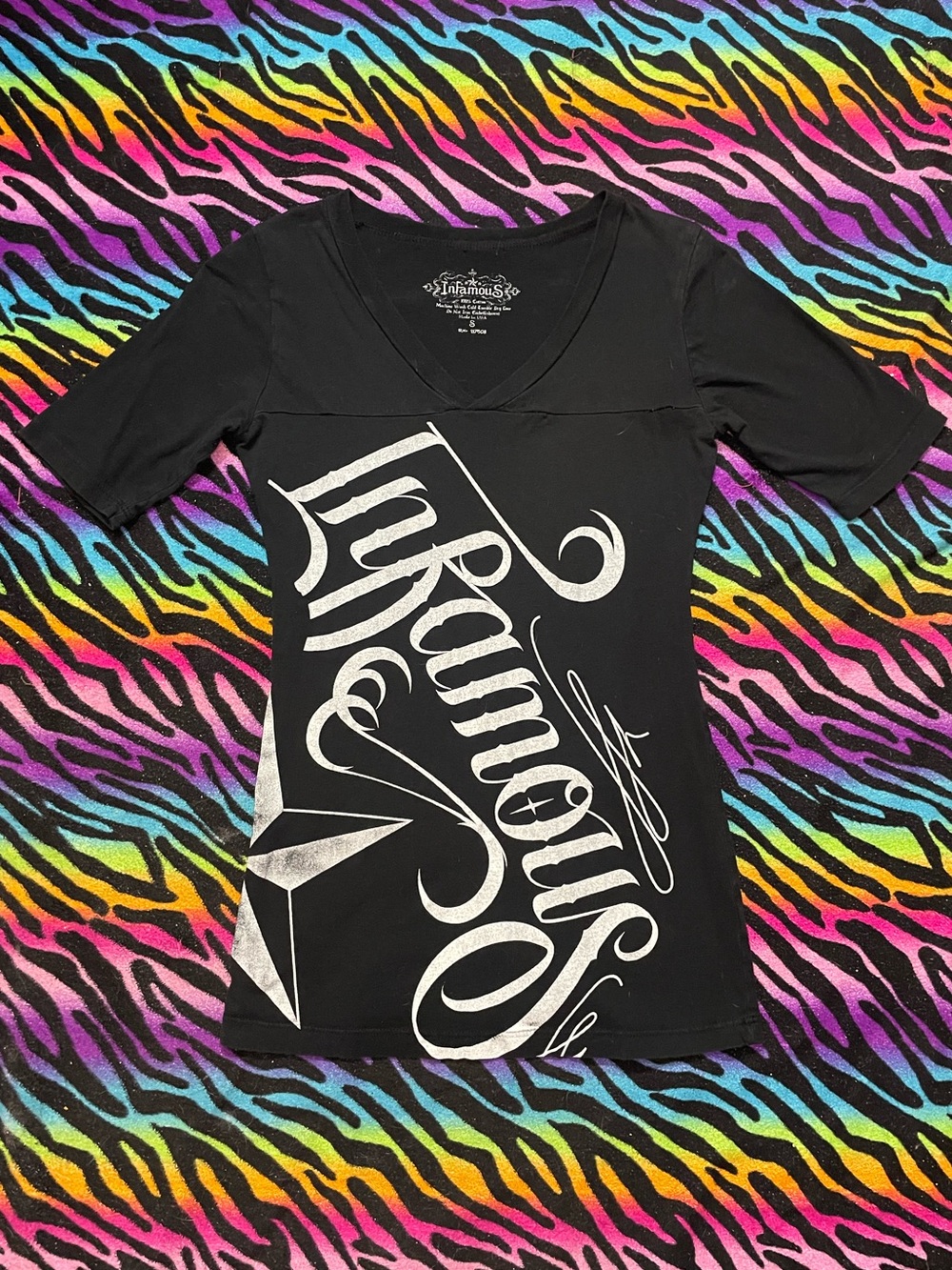 Y2k Emo Grunge Infamous Short Sleeve V Neck Tee with Silver Script